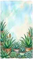 Watercolor aloe vera and succulent plants in decorative pots with soft pastel sky background, botanical garden art with copy space.