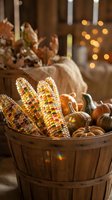 Autumn harvest display with colorful Indian corn and pumpkins in rustic wooden baskets with warm bokeh lights creating cozy seasonal atmosphere for fall decorating.