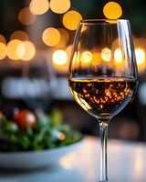 Glass of white wine with golden bokeh lights in background, romantic dinner setting with soft focus salad plate, creating elegant restaurant ambiance.