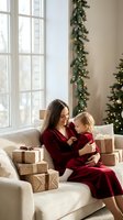 Young Caucasian mother in burgundy dress holding blonde toddler daughter on white sofa with Christmas gifts and decorated garland by window.