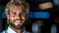 Young Caucasian man with curly blonde hair, beard and bright genuine smile against dark background with blue bokeh lights, expressing joy and confidence.