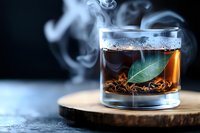 Steaming hot tea with fresh bay leaf in glass cup on wooden coaster against dark background, aromatic vapor rising creating moody atmosphere.