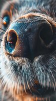 Extreme close-up macro photograph of wet dog nose with detailed texture, whiskers and fur in blue and orange tones, showing moisture and sensory perception.