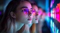 Young Caucasian woman in round glasses with neon light reflections, side profile view against blurred colorful background. Cyberpunk style portrait with pink and blue lighting.