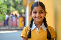 Young South Asian schoolgirl with braided hair and bright smile wearing yellow uniform stands confidently in school corridor, radiating joy and optimism during education.