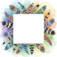 Watercolor feathers arranged in circular frame with white center space, isolated on transparent background. Colorful hand-drawn feathers in blue, purple, orange, green and brown tones with eye markings. Ready for design use on cards, invitations, posters and digital projects.
