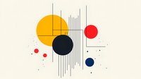Minimalist geometric composition with yellow, black, red and blue circles, vertical lines and scattered dots on light beige background. Modern abstract art style.
