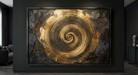 Golden spiral artwork with metallic texture and warm lighting displayed in modern dark interior gallery space for luxury home decor.