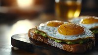 Sunny side up eggs on dark rye toast with fresh avocado slices and cracked black pepper, served in morning light with golden bokeh background.