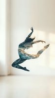 Female dancer silhouette with double exposure ocean waves leaping gracefully in modern studio space for creative wellness and movement concepts.