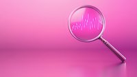 Magnifying glass revealing pink sound wave or pulse graph on gradient background, concept of audio analysis and sound research visualization.