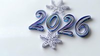 Metallic blue numbers 2026 with decorative silver snowflakes on white background, winter holiday celebration design element for seasonal greetings.
