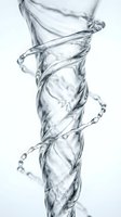 Dynamic spiral water stream twisting elegantly on white background, with droplets and fluid motion captured in stunning detail for beauty or hydration concepts.