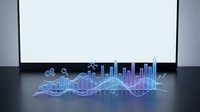 Young professional analyzing glowing blue financial data visualization with ascending bar charts and wave graphs on dark desk, representing business growth, market analysis, and digital analytics for corporate presentations.