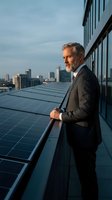 Senior businessman in formal dark suit standing on rooftop with solar panels, overlooking urban skyline. Renewable energy and sustainable business concept for corporate leadership and green technology.
