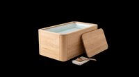 Wooden storage box with lid and small scoop, isolated on transparent background, ready for t-shirt design, clipart, stickers, print on demand, and sublimation projects.