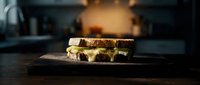 Melted cheese oozing from toasted bread sandwich on rustic wooden board in moody kitchen setting, comfort food concept.