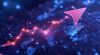 Glowing pink arrow rises through abstract network connections against dark blue background with light particles and geometric lines showing upward market trend.