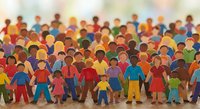 Colorful paper cut crowd of diverse people figures in various clothing standing together representing community unity and social diversity concept.