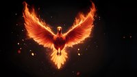 Majestic phoenix rising with spread wings in bright orange and red flames against dark background, mystical fire particles floating in space. For fantasy designs.