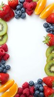 Fresh mixed berries and citrus fruits arranged in colorful frame on white background with copy space for healthy eating and nutrition concepts.