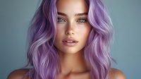 Young woman with vibrant purple wavy hair and natural makeup against gray background, looking directly at camera with parted lips and confident expression.