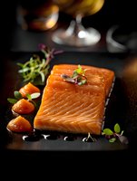 Fresh raw salmon fillet garnished with microgreens and sauce drops on black plate, moody restaurant lighting creates elegant culinary atmosphere.