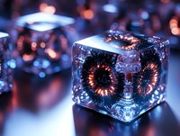 Glowing copper coils encased in transparent ice cube with blue bokeh background creates futuristic technological atmosphere for electronics concepts.