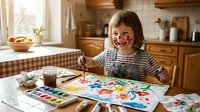 Cheerful young child with paint-covered face laughing while creating colorful artwork at kitchen table, capturing joyful creativity and childhood fun.