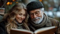 Heartwarming moment of young woman and elderly man with gray beard and glasses sharing precious time reading book together on cozy autumn evening.