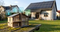 Smart home technology concept with miniature house model displaying energy efficiency icons including solar panels and connectivity symbols for sustainable living.