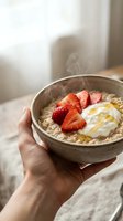 Hands holding warm oatmeal bowl topped with fresh strawberry slices, yogurt and honey drizzle for healthy breakfast, nutrition and wellness content.