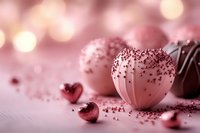 Pink heart-shaped cake pops with chocolate drizzle and sprinkles on romantic bokeh background for Valentine's Day dessert celebration.