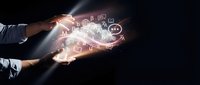 Businessman holding glowing digital network with interconnected communication icons and data symbols, representing technology innovation and business connectivity solutions.