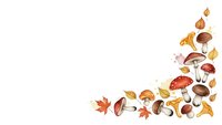 Autumn forest elements corner border with mushrooms, acorns, chestnuts and maple leaves on white background for seasonal design projects.