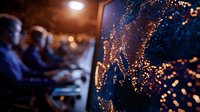 Glowing world map with illuminated connection points showing global network on digital display, blurred esports players competing in background at tournament.
