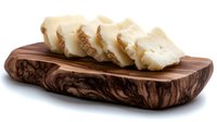 Fresh goat cheese slices arranged on rustic olive wood serving board against white background, food photography for restaurant menu and culinary design.