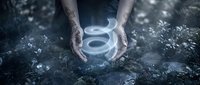 Hands holding glowing number 8 symbol with magical light effects and sparkles on dark mystical background for spiritual numerology concepts.