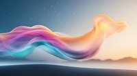 Vibrant multicolored smoke waves flow across horizon at sunset, creating dynamic abstract shapes in purple, orange, blue and pink against starry twilight sky.