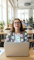 Young woman with long brown hair and glasses working on laptop in modern office with holographic data visualization icons floating above screen, colleagues in background.