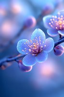 Delicate cherry blossom in soft blue tones with glowing stamens and dewdrops on petals against blurred background, macro photography for spring season designs.