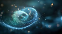 Magical glowing spiral with sparkling particles and bokeh lights on dark turquoise background creates mystical cosmic atmosphere for fantasy designs.