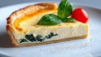 Savory spinach quiche slice with golden pastry crust, creamy custard filling and fresh basil garnish on white plate for gourmet cooking and dining concepts.