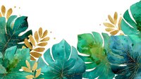 Watercolor tropical leaves in emerald green and turquoise with gold accents, creating a lush botanical border on white background.