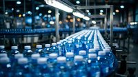 Plastic bottles moving along conveyor belt in modern beverage factory with industrial lighting and automated production line equipment for manufacturing and packaging operations.