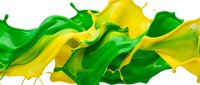Vibrant green and yellow liquid paint swirls and splashes isolated on white background, suitable for design projects and creative compositions.