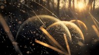 Magical golden sunlight streaming through tall grass stems with floating dust particles creating dreamy bokeh effect in nature at sunset.