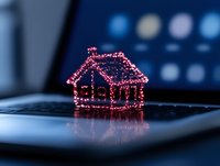 Glowing pink neon wire house shape on laptop keyboard creates magical miniature scene with bokeh lights in background, concept of smart home technology and IoT.