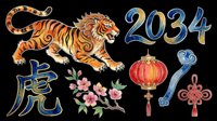 Lunar new year 2034 tiger zodiac sign with decorative elements, lantern, and flowers isolated on transparent background. Ready for t-shirt design, clipart, stickers, and print-on-demand products.