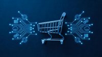 Glowing shopping cart with digital circuit board elements and tech icons on dark blue background, symbolizing e-commerce and retail innovation.